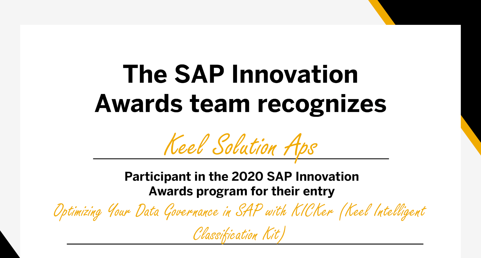 SAP Innovation Awards 2020 Keel Solution Aps Digital Certificate